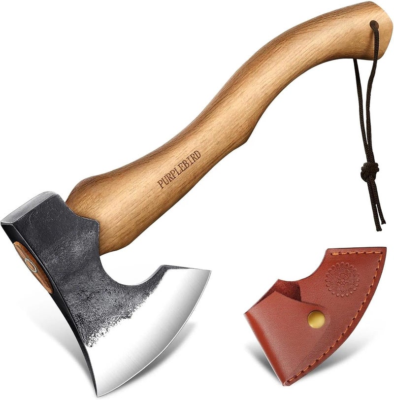 PURPLEBIRD Hatchet Axe with Sheath for Camping, 15 Inch Bushcraft Axe Carbon Steel Chopping Axes Wood Handle Splitting Axes, Hand-Forged Camping Hatchet for Carving Bushcraft Outdoor Forest Garden - Image 1